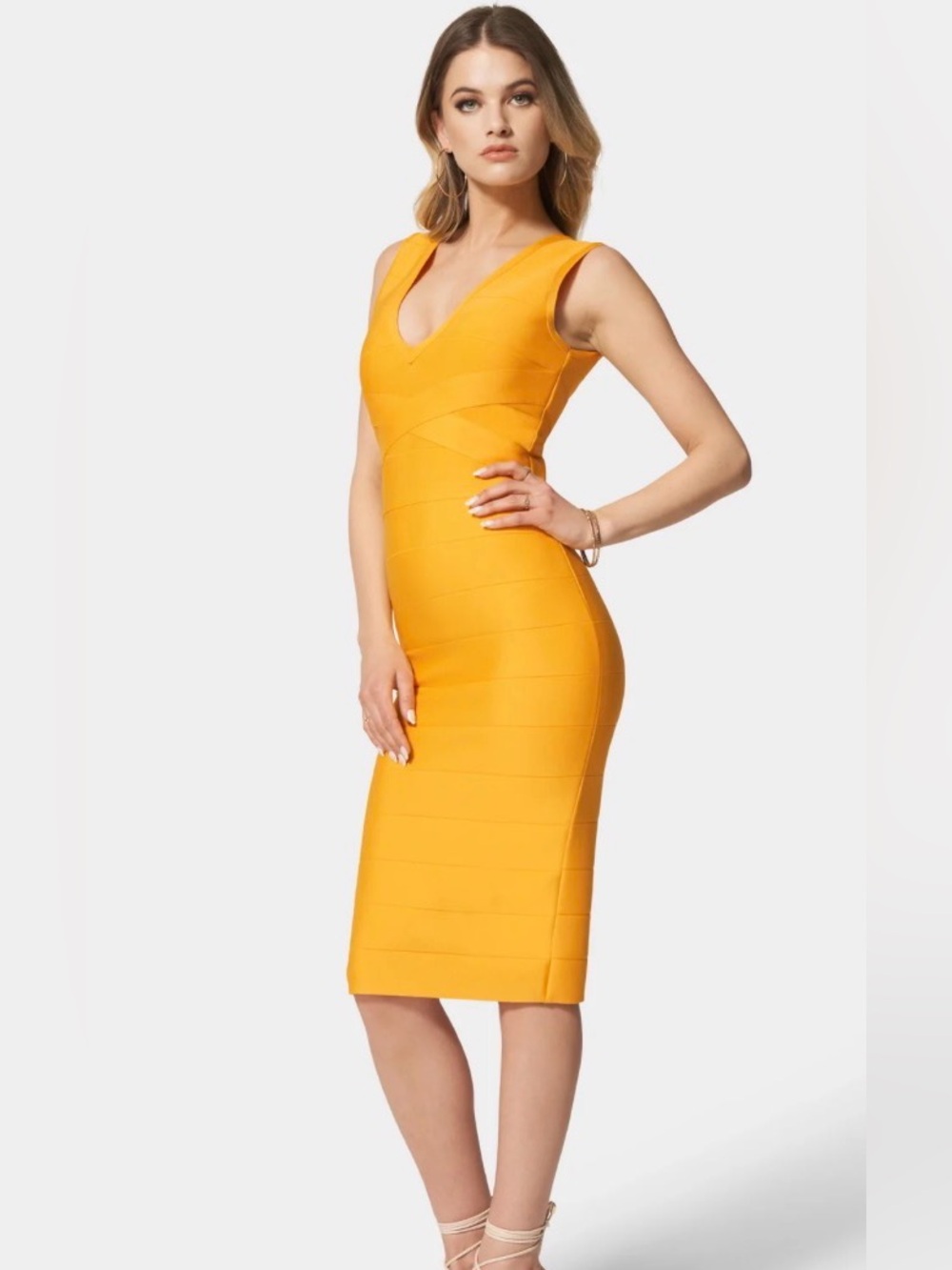 Bebe Amber Yellow Bandage Midi Dress